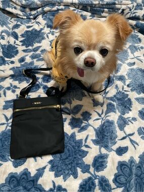Tumi Black Crossbody with Gold Hardware Accents